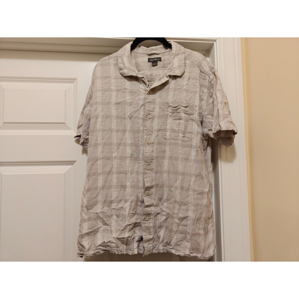 Eddie Bauer Mens Large‎ Linen Cotton Plaid Short Sleeve Button Down Shirt Tan L